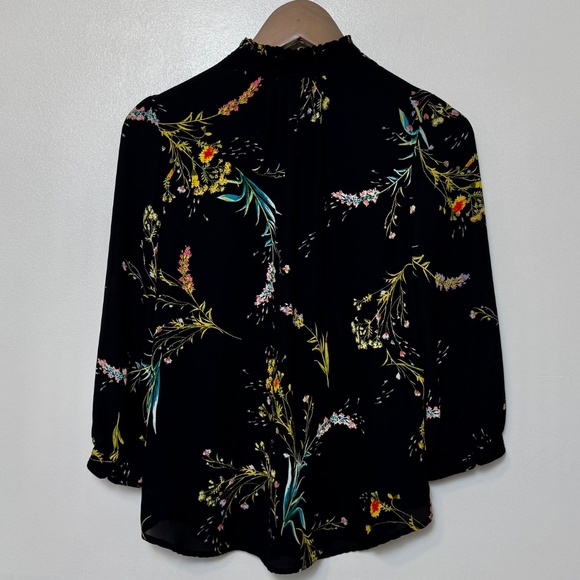 Worthington Petite Black Floral Pullover Blouse 3/4 Sleeve Stand-up Collar, M - Picture 6 of 14